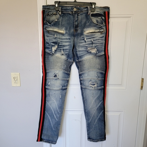 PREME Mens Distressed Red Black Side Stripe Moto Denim Jeans Streetwear 38 / 34 - Picture 2 of 13